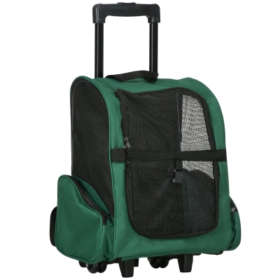 PawHut Transportín 2 en 1 para Mascotas Mochila o Carrito de Viaje para Perro y Gato con 2 Ruedas con Asa retráctil de Aluminio y Bolsillos 42x25x55 cm Verde
