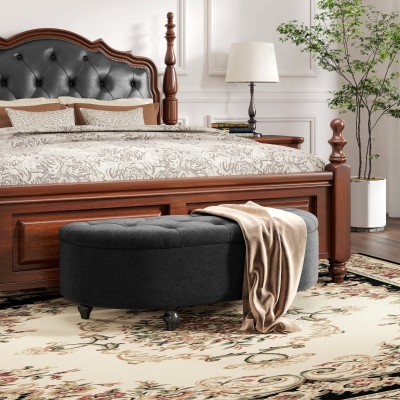 HOMCOM Bancă cu spațiu de depozitare, Bancă de dormit, capac soft-close, aspect de catifea, 120 x 46 x 42 cm, Gri închis
