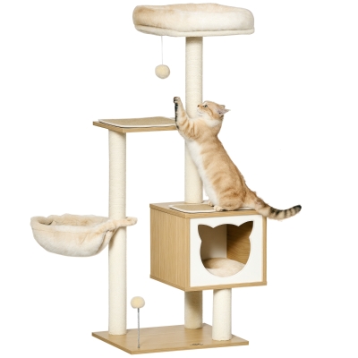 PawHut Arranhador para Gatos com Plataforma Rede Caverna Cama Postes de Sisal e Bolas de Brincar 48x40x126 cm Bege
