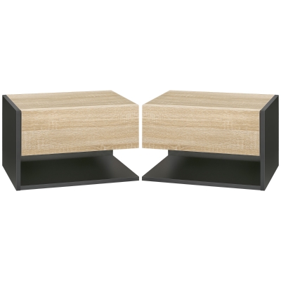 HOMCOM Juego de 2 Mesitas de Noche Flotantes Mesitas de Noche Colgantes con 1 Cajón y Estante Abierto 46x30x30cm Roble y Negro