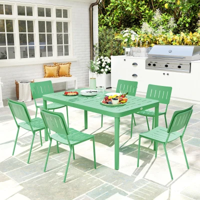 Outsunny Masă de grădină exterioară cu 6 scaune, placă cu lamele 150 cm, structură din oțel rezistent la rugina, verde