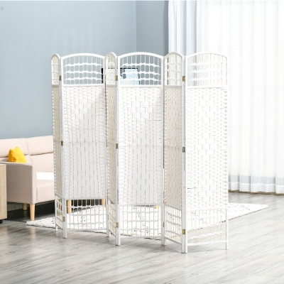 HOMCOM, Paravan interior, 6 panouri pliabile, 242L x 170H cm, separator de cameră, lemn de plop, bambus, alb pai