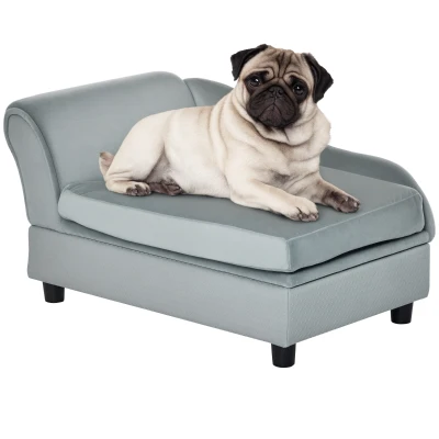 PawHut Haustiersofa mit Stauraum, weichem Kissen, bis 15 kg Tragkraft, Plüschbezug, Hartholzrahmen, Hellgrau