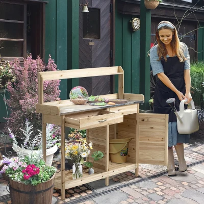 Outsunny Masă de plantare masă de grădinărit cu 2 rafturi, sertar, dulap, tavă oțel galvanizat cu margini înalte, 3 cârlige, masă de plantare lemn brad