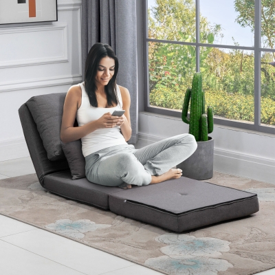 HOMCOM Fotoliu de podea cu pat pliabil, design 2 în 1, pernă detașabilă, 60 x 80 x 56 cm, Gri închis