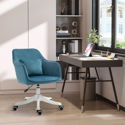 HOMCOM Scaun de birou din catifea fauteuil bureau masant, cu pernă lombară integrată, înălțime reglabilă, pivotant la 360°, albastru