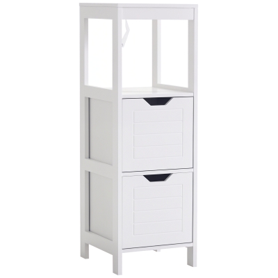 kleankin Armario de Baño Gabinete Multifuncional con Estante Abierto 2 Cajones de Almacenaje Diseño Antivuelco 30x30x89 cm Blanco