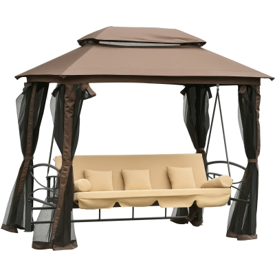 Outsunny Dondolo da giardino 257cm x 175cm x 24cm Telaio grigio, Tetto marrone chiaro, Cuscino cachi
