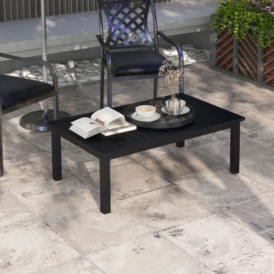 Outsunny Masă de cafea rectangulară blat cu lamele pentru interior/exterior din aluminiu, 100 x 60 x 37 cm negru