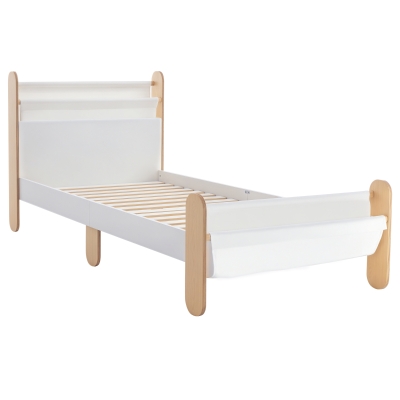 HOMCOM Kinderbett Jugendbett Hausbett mit Betttasche Spielzeugtasche ab 3 Jahre Holzbett Kinderzimmer Spielbett Einzelbett Kiefernholz Weiß+Natur 229 x 98 x 95 cm