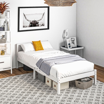 HOMCOM Cadru de pat din lemn masiv 90x190 cm pat single cu tăblie și somieră cu lamele solid pentru copii adulți