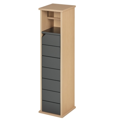 HOMCOM Badezimmerschrank mit höhenverstellbarem Regal Badmöbel mit Tür Toilettenpapier Handtuchhalter versteckter Griff MDF Bambus Braun+Grau 18 x 18 x 75 cm