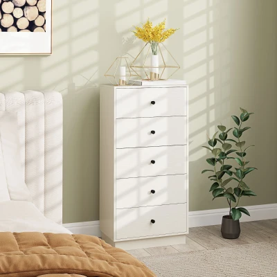 HOMCOM Cómoda com 5 Gavetas Cómoda de Quarto Estreita com Anti-Tombo Gaveteiro Alto para Sala de Estar Corredor 47x29x95 cm Branco