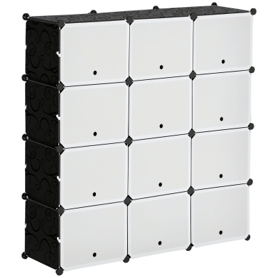 HOMCOM Armário Modular de Plástico Armário com 12 Cubos Organizadores de Sapatos Roupas Brinquedos 125x32x125cm Branco e Preto