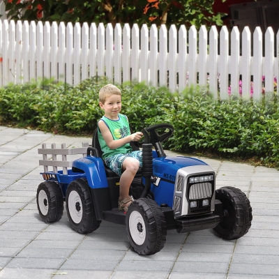 HOMCOM Tractor electric cu remorcă detașabilă, pentru copii de la 3 la 6 ani cu telecomandă MP3 muzică afișaj lumini