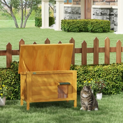 PawHut Casa pentru pisici, căsuță de exterior din lemn ridicată cu acoperiș deschis izolată 85 x 50 x 68,5 cm, natural verde
