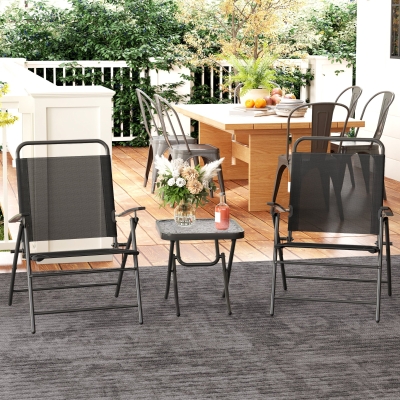 Outsunny Conjunto de Mesa e Cadeiras de 3 Peças Móveis de Jardim Dobráveis com Encosto Ajustável e Bancada de Vidro Preto