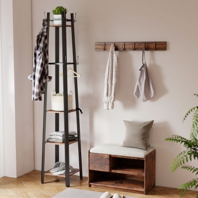 HOMCOM Industrial Coat Stand 8 Hooks 4 Shelves Rustic Brown