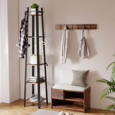 HOMCOM Industrial Coat Stand 8 Hooks 4 Shelves Rustic Brown