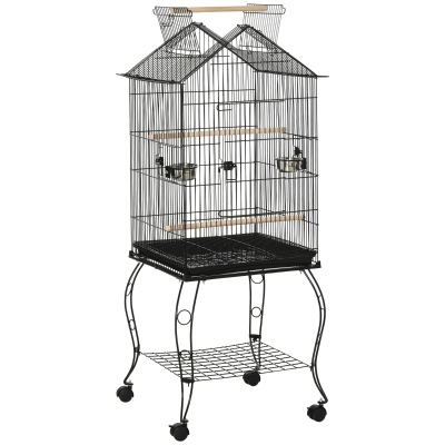 PawHut Jaula de Pájaros con Soporte Ruedas Bandeja Extraíble y Comederos para Canarios Periquitos 50x58x137-145 cm Negro