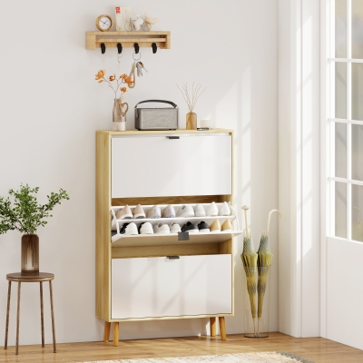 HOMCOM Schuhschrank Slim Moderne mit 3 Klappbare Schubladen für 24 Paar Schuhe, 80x24x127 cm, Glänzendes Weiß