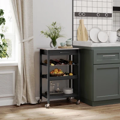 HOMCOM Carucior de Servire, carucior pentru bucatarie cu raft pentru sticle, 60L x 40l x 85h cm, blat din inox, negru
