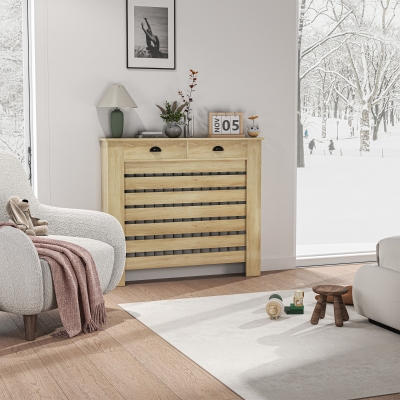 HOMCOM Heizkörperverkleidung, Heizkörperabdeckung, horizontale Lamellengitter, mit 2 Schubladen aus Holz 111 B x 19 T x 95,5 H cm Eiche