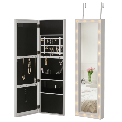 HOMCOM LED Schmuckschrank Aufhängbarer 2 in 1 Schmuckregal Spiegelschrank Türmontage MDF Weiß 36,6 x 8 x 120 cm