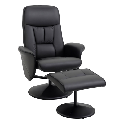 HOMCOM Poltrona Relax com Apoio para os Pés Estofada em PU Poltrona Relax Reclinável até 145° e Giratório 360° com Encosto Ajustável para Sala de Estar Dormitório Escritório 81x81x105cm Preto