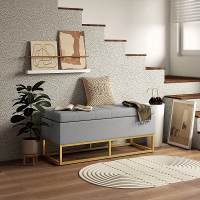 HOMCOM Bancă cu depozitare 2 în 1, scaun capitonat și picioare din oțel 110 x 44 x 48 cm gri și aurit