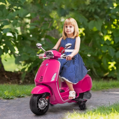 AIYAPLAY Motocicletă electrică pentru copii Vespa 6V, Muzică MP3 Port USB Faruri 2 roți de antrenare, 107L x 47l x 73H cm, Roz