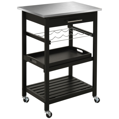 HOMCOM Carucior de Servire, carucior pentru bucatarie cu raft pentru sticle, 60L x 40l x 85h cm, blat din inox, negru