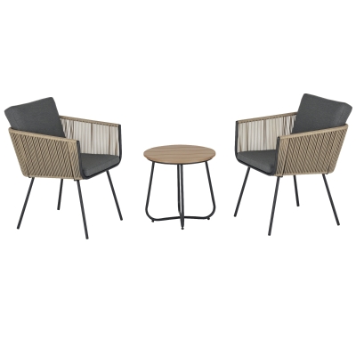 Outsunny Conjunto de Muebles de Jardín Juego de 3 Piezas Muebles de Ratán 1 Mesa Redonda y 2 Sillas Butaca con Cojines Acolchados para Balcón Terraza Acero Caqui y Gris