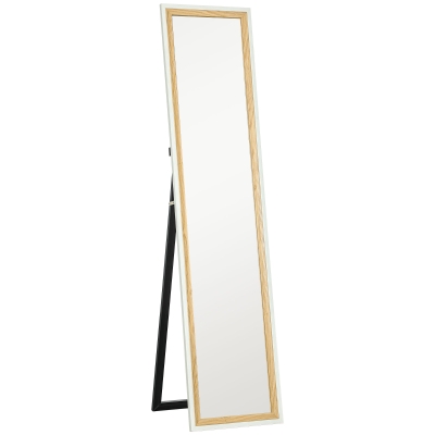 HOMCOM Espejo de Cuerpo Entero 157x37 cm Espejo de Pie o de Pared con Marco de MDF y Soporte Blanco y Natural Oscuro
