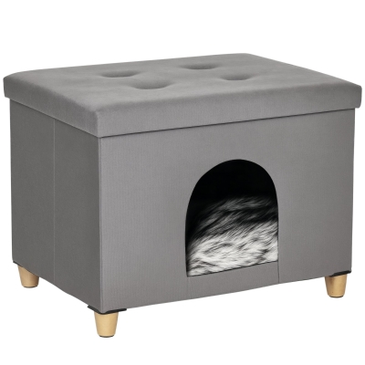 PawHut Cueva para Gatos 2 en 1 Taburete Reposapiés con Tapa Extraíble Orificio de Entrada Cojín Lavable y Patas Elevadas de Madera para Interior 60x45x44,5 cm Gris