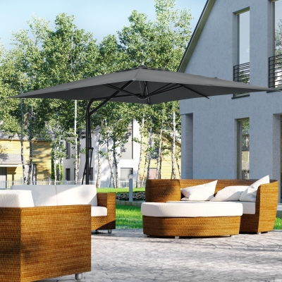 Outsunny Umbrelă de soare pătrată de exterior 2,5 x 2,5 m, umbrelă de grădină protecție UV bază cruciformă inclusă gri închis