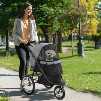 PawHut Cărucior pentru câini pliabil cu coș de depozitare, pernă lavabilă, roți din cauciuc și copertină reglabilă, gri