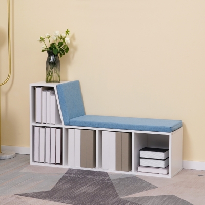HOMCOM Biblioteca banco 2 en 1 con 5 compartimentos de almacenamiento y 2 cojines 108 x 30 x 60 cm blanco azul