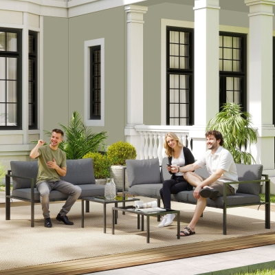 Outsunny Salon de grădină de colț exterior cu 2 canapele și 2 mese de cafea pliabile din sticlă temperată, gri