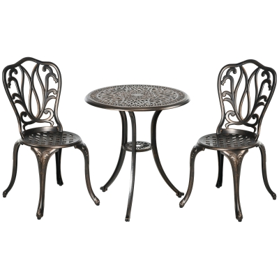 Outsunny Set Mobilier Grădină 2 Persoane 2 scaune și Masă Rotundă stil retro din aluminiu turnat, bronz