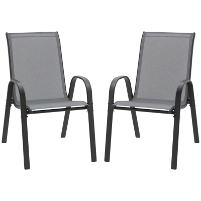 Outsunny Gartenstuhl 2er Set wetterfest Gartenstühle Stapelstuhl mit Armlehne Rückenlehne stapelbar Terrassenstuhl bis 120 kg belastbar Gartenmöbel für Hinterhof, Garten, Balkon Grau