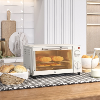 HOMCOM Mini Horno Eléctrico 9L Horno Eléctrico Sobremesa 750W con Temperatura Ajustable Temporizador 35x24,6x20 cm Blanco Crema