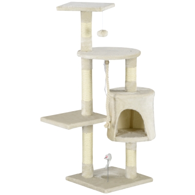 PawHut Rascador para Gatos Altura 116 cm Árbol para Gatos Torre de Escalada con Postes Rascadores de Sisal Cueva Plataformas y Juguetes Divertidos Colgantes Beige