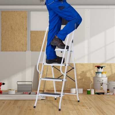 HOMCOM Scara pliabila 4 trepte XL antiderapante dubla bara de protectie inaltime max. 1,55 m incarcare max. 150 kg geanta scule integrata otel alb negru