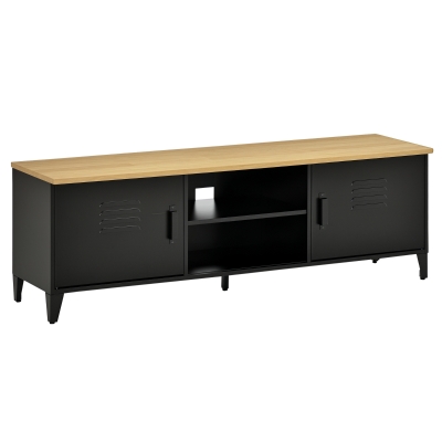 HOMCOM TV Schrank Fernsehschrank TV-Regal Fernsehtisch TV Lowboard Kommode für Fernseher bis zu 55" mit 2 Türen Regal für Wohnzimmer Schlafzimmer Metall Holz Schwarz 150 x 40 x 50 cm