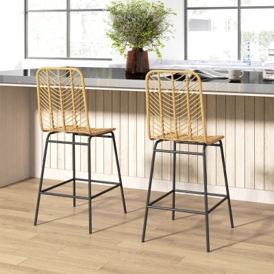 HOMCOM Lot de 2 taburete de bar design boem Înălțime 66 cm cu suport pentru picioare din metal și răchită PE, natural