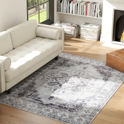 HOMCOM Vintage Floral Washable Rug 230x160cm Grey