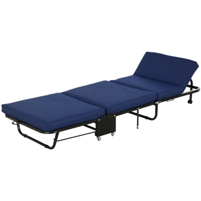 HOMCOM Klappbett 65x184 cm, Erwachsene Gästebett Klappbar mit 6 cm Dicker Schaumstoff, Reisebett mit Metallrahmen, Feldbett mit Rollen und höhenverstellbarem Kopfteil, bis 120 kg belastbar, Blau