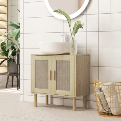 HOMCOM Mobila baie sub chiuveta mobilier sub chiuveta usi din rachita picioare din lemn de pin 2 nivele 60 x 30 x 60 cm stejar