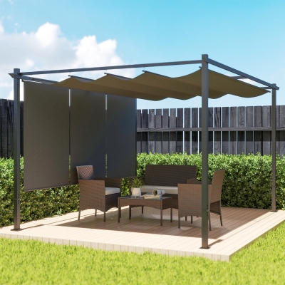 Outsunny Pérgola com Teto Retrátil de 4x3 m Pérgola de Parede ou Independente com Lados Enroláveis Proteção UV30+ Cinzento
